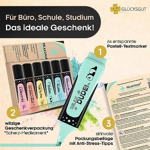 GLÜCKSGUT® 6x Textmarker Pastell | Geschenkbox & Anleitung | Scherz-Medikament | Anti Stress | Büro Schule Studium Uni | Abschiedsgeschenk für Kollegen Chef Lehrer