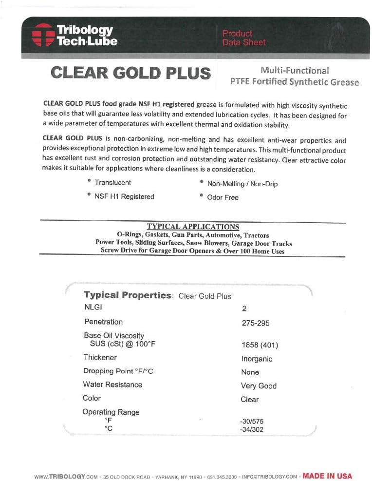 Tribology/Tech-Lube Tribology Clear Gold Plus Multi-Purpose PTFE Lubricant, NSF H1 Food Grade Grease, 3.5 oz. (CG-Plus)
