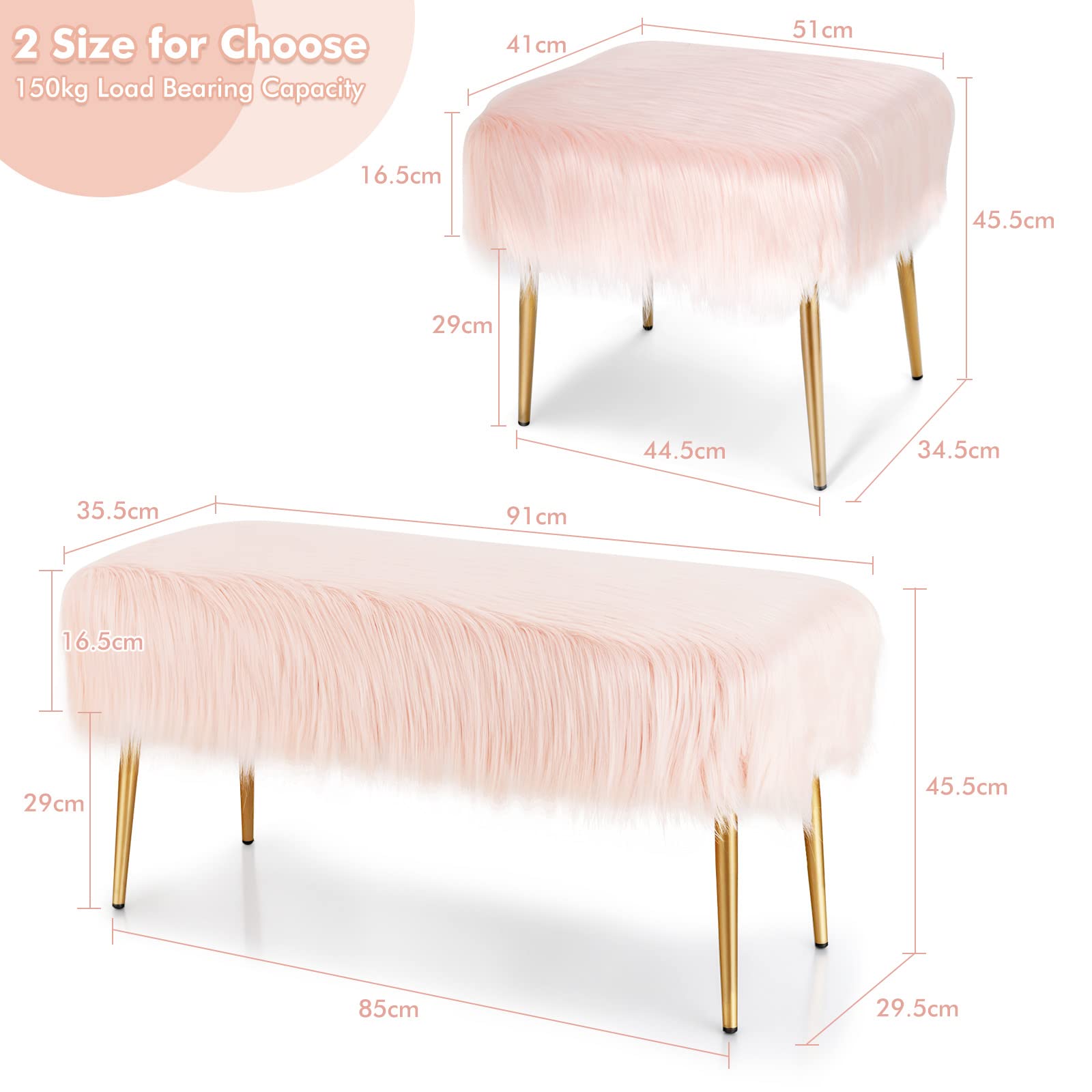 LIFEZEAL Taburete de tocador, Silla de Maquillaje de Piel sintética monderno Acolchado, Banco de Cama para Dormitorio, Pasillo, con Patas de Metal Dorado (51 x 41cm, Rosa)