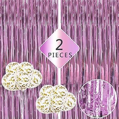 Lila Metallic Lametta Folie Fransen Vorhänge Party Dekorationen, 2 Packungen 0,9 m x 2,5 & 10 Gold Konfetti Ballons, Glitzer Regen Seide Vorhang Foto Booth Requisiten Cover