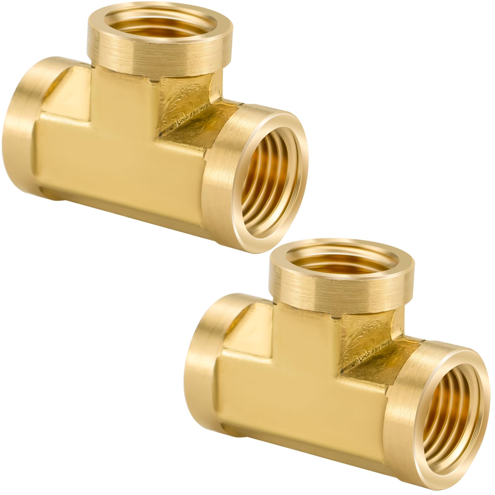 Jingzan Paquete de 2 conectores en T de latón NPT de 1/4, conector en T de 3 vías de 1/4 x 1/4 x 1/4 pulgadas, adaptador hembra NPT para gas, aire, aceite, propano (paquete de 2 unidades de 1/4)