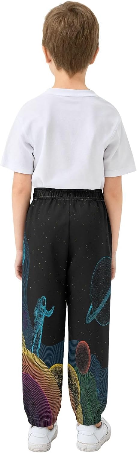 Boy Sweatpants Astronauts Neon Lines Cosmic Joggers Casual Athletic Pants Kids Elastic Waist Cuffed with Pockets