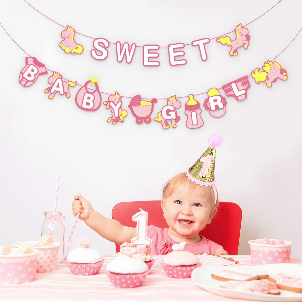 NUOBESTY One 1st First Birthday Cone Hat Crown Tiara 1st First Birthday Party Gifts Decorations Golden - Image 5
