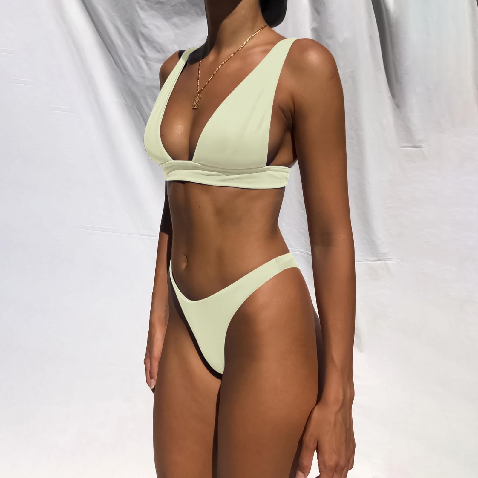 Trajes de baño para mujer, cuello en V profundo, sexy, de dos piezas, bikini para mujer, tanga halter, traje de baño atrevido, Beige 3