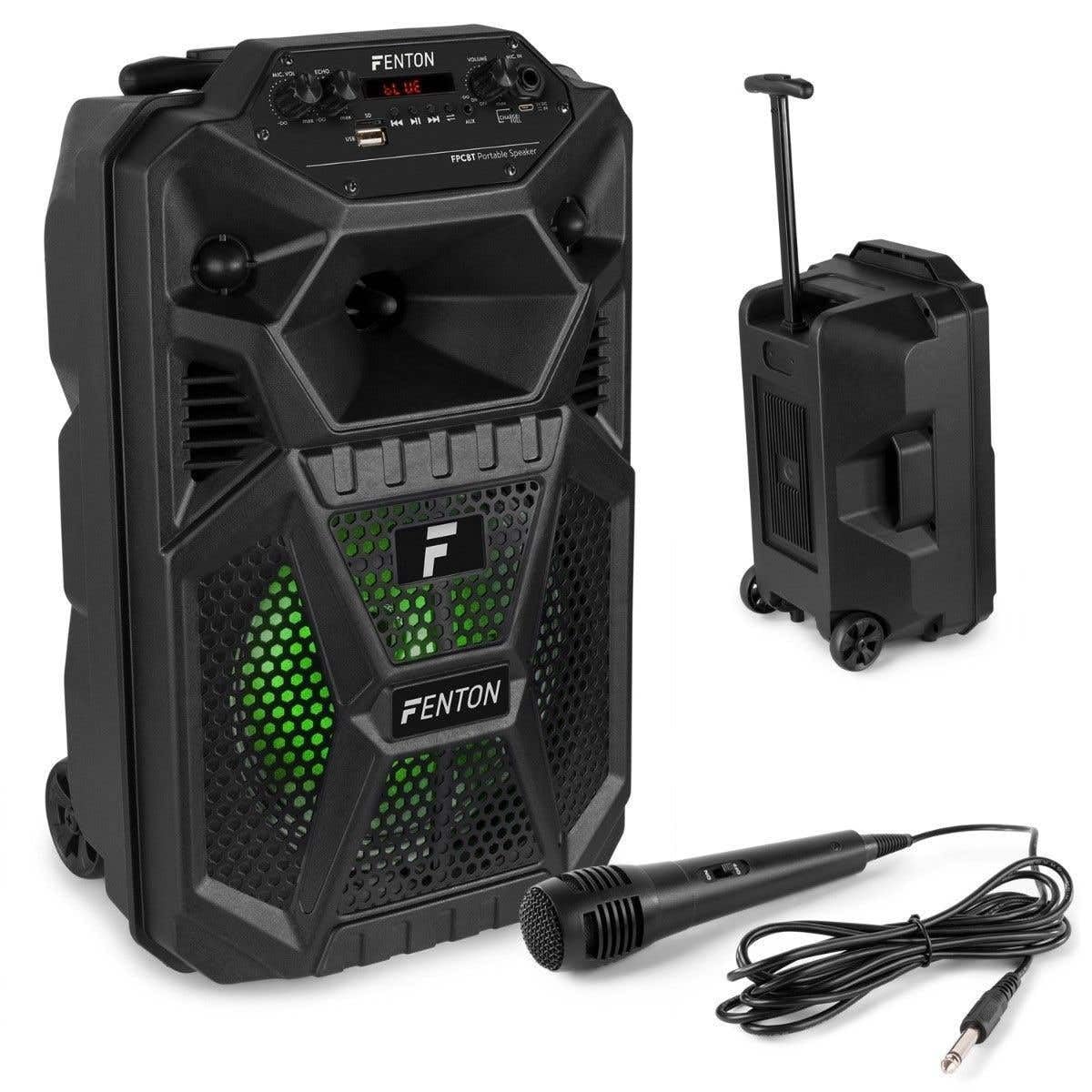 Fenton FPC8T Rechargeable Party Portable Speaker 8" 50W with Trolley, Battery, Bluetooth, LED Light Effects and Microphone