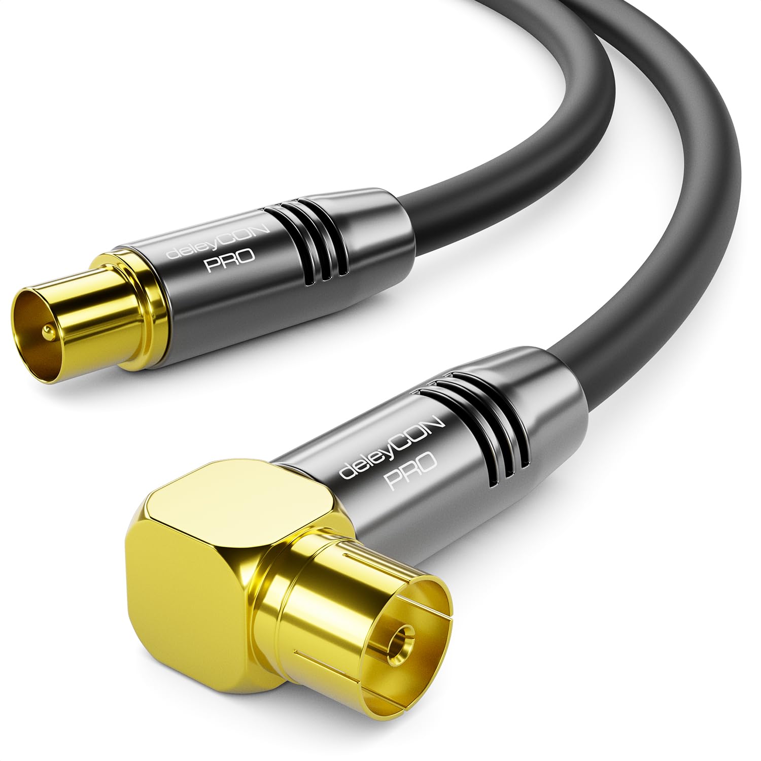 deleyCON 1,5m Cavo Antenna TV 4K - 4K Ultra-HD Full HD HDTV - 1x Angolato - Cavo Coassiale - Connettore IEC (dritto) a Presa IEC (90° Grad) - Connettori Metallo - Nero