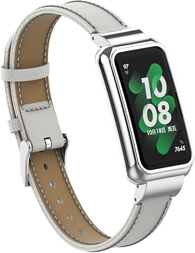 Miniatura 3 de Pulsera compatible con Huawei Band 8, correa de repuesto de cuero con marco de metal para Huawei Band 789
