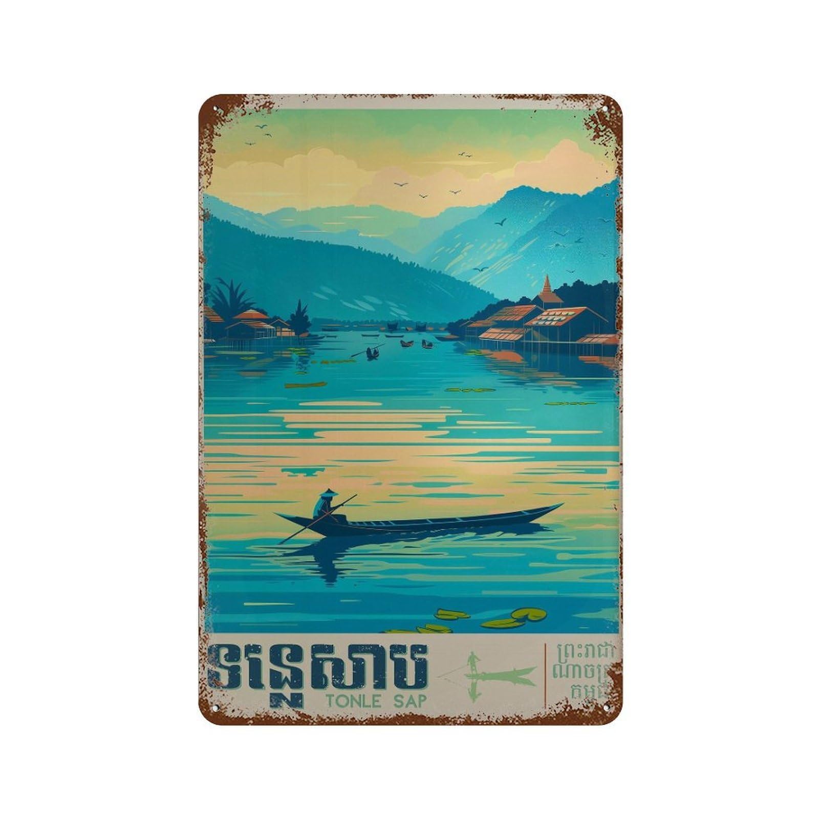 xiaoxiaoshen Tonle Sap Travel Cambodia SE Asia Decor in Khmer Wall Decor Art Metal Tin Poster Modern Home Decor Art Home Bar Shop Decorations Vintage Sign 30x20cm
