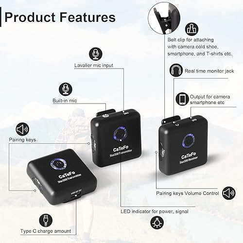 Miniatura 3 de Star200 T2 - Sistema de micrófono inalámbrico Lavalier de doble canal de 2.4 GHz, micrófono omnidireccional pequeño para teléfono inteligente,
