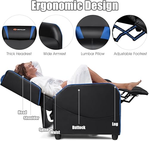 Miniatura 4 de Goplus Silla reclinable para juegos de masaje, estilo carreras, de piel sintética, sofá reclinable individual con reposapiés, reclinables ajustables