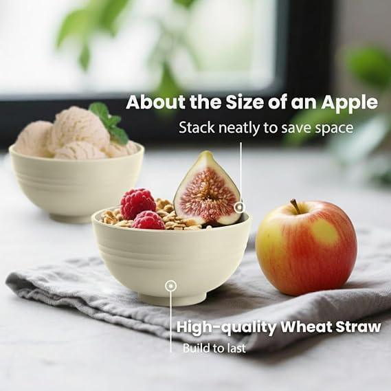 Beige Wheat Straw Bowls, 10 OZ Snack Bowl Set of 8, Unbreakable Ice Cream Bowl Set, Alternative Plastic Bowls Reusable, Microwave Safe Small Appetizer Bowl for Dessert, Snack (Beige)