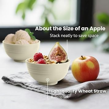 Beige Wheat Straw Bowls, 10 OZ Snack Bowl Set of 8, Unbreakable Ice Cream Bowl Set, Alternative Plastic Bowls Reusable, Microwave Safe Small Appetizer Bowl for Dessert, Snack (Beige)