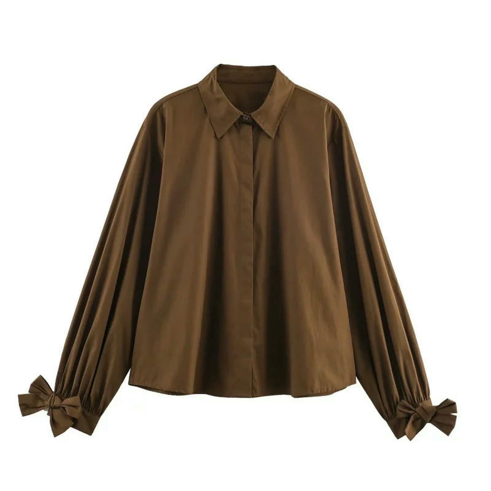 Camicia Donna Camicie in Popeline Monopetto A Maniche Lunghe con Colletto Rovesciato Primavera Autunno Camicette Decorazione Fiocco da Abbigliamento Casual Femminile-Marrone-XS