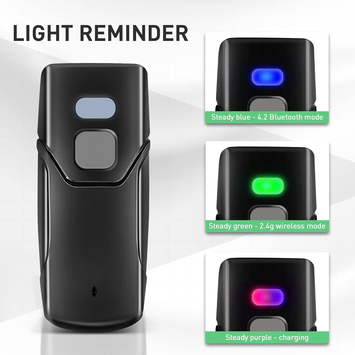 Diagram showing LED light colors and their corresponding meanings: blue for Bluetooth, green for 2.4G wireless, and purple for charging