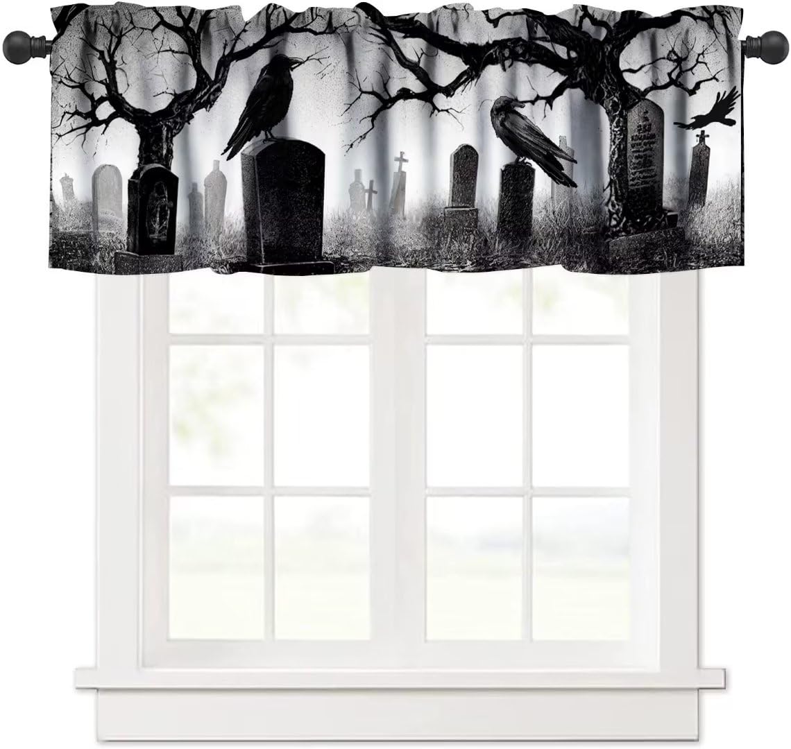 Misty Cemetery Window Valance, Halloween Spooky Scary Forest Scenery Boys Gothic Black Crow Print Blackout Short Curtain for Kids Teens Bedroom Living