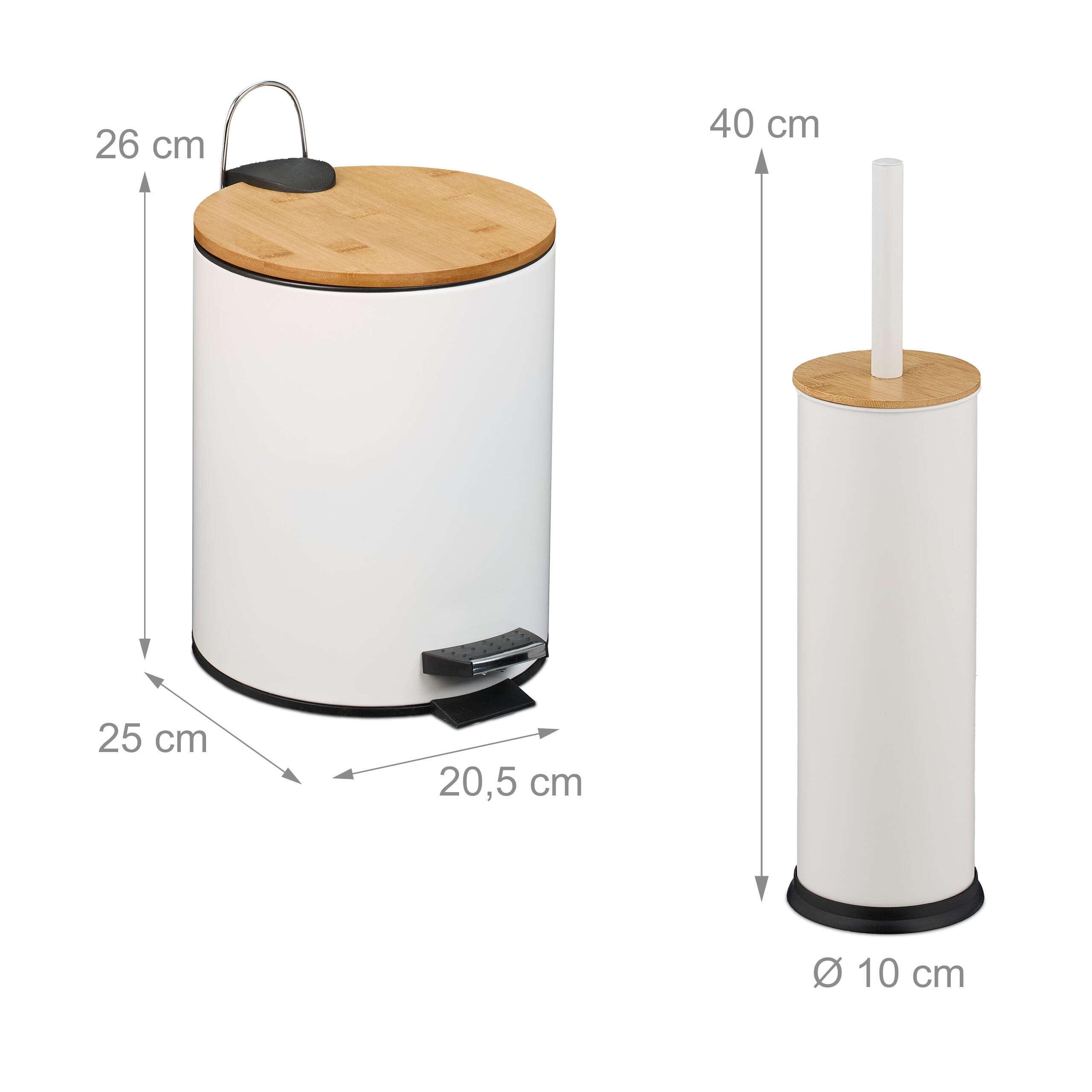 Relaxdays Set da Bagno con 2 Accessori, Pattumiera da 5 L e Portascopino con Spazzola WC, Ferro e bambù, Naturale Bianco