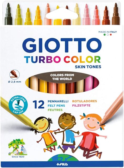 GIOTTO Turbocolor Felt Tip Fibre Pens, Fine Tip Nib 2.8mm, 12 Skin Tone Colours, Ideal for Children, Parties and Schools