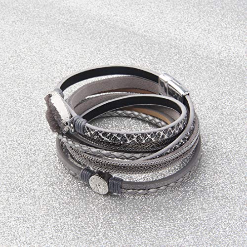 Bobauna Multi-Layer Leather Wrap Bracelet Natural Stone Druzy Multi Rope Cuff Bangle With Magnetic Clasp Handmade Jewelry For Women Girl (Leather Wrap Bracelet Gray) #TOP2