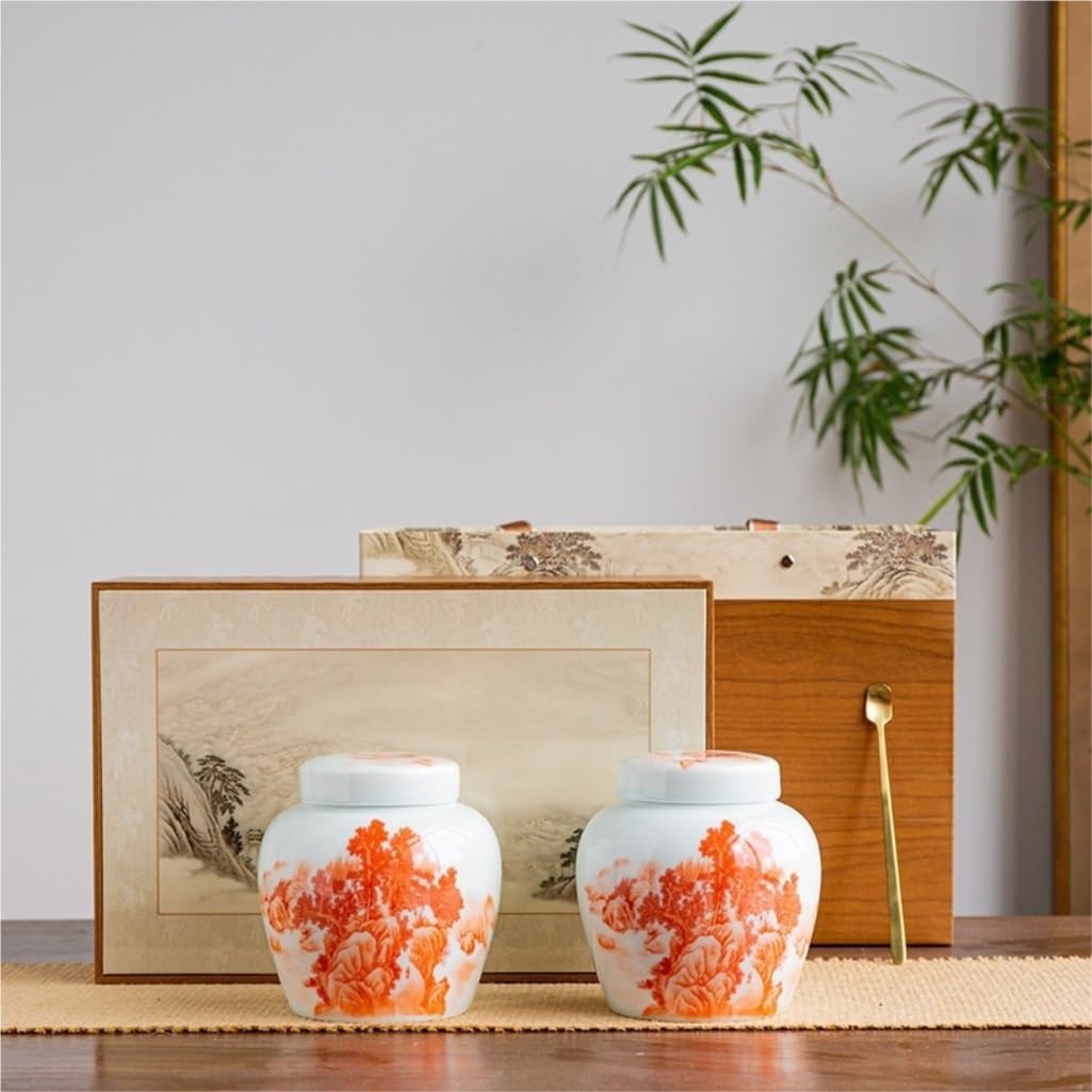 Cukierniczka Ceramiczny pojemnik do przechowywania herbaty luzem Jar Przyprawy kuchenne Zapieczętowany słoik Chiński zestaw do herbaty Podwójny zestaw prezentowy puszka na herbatę(Double can(red))