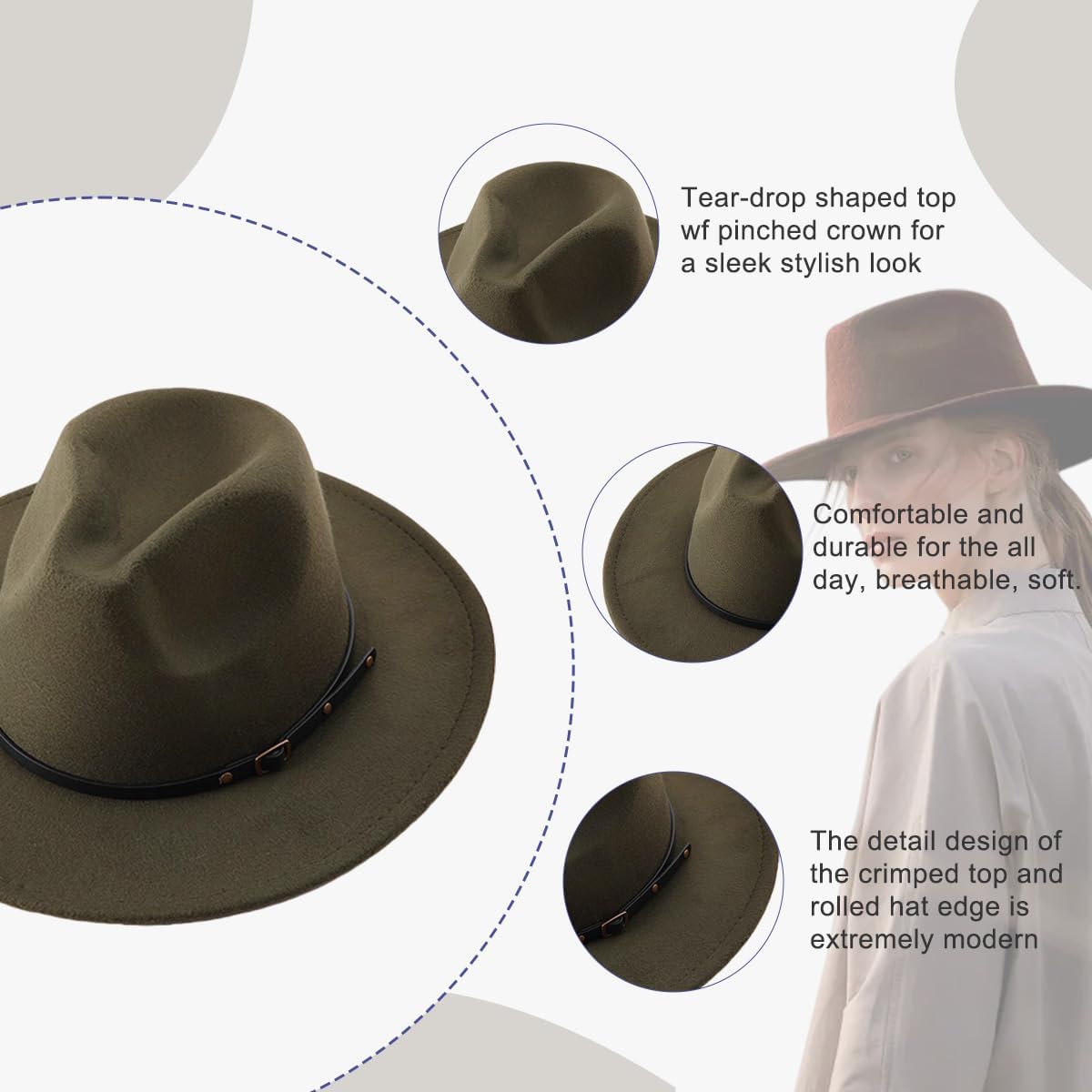 Women Classic Wool Fedora Hat with Belt Buckle Felt Wide Brim Panama Hat (Wine Red) - Image 3