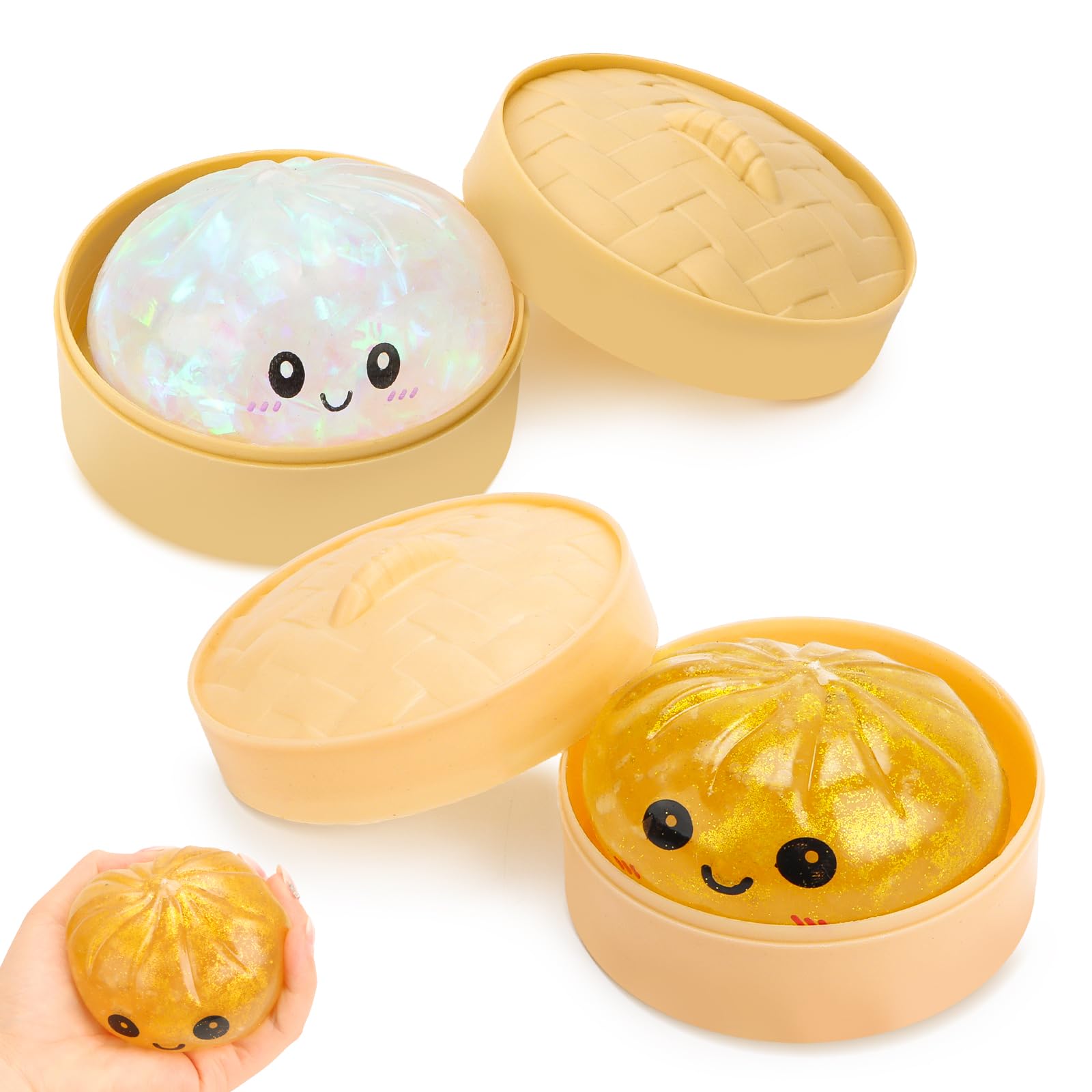 Dumpling Squishy Mystery, 10 cm Glitter Dumpling z parowarem, Rainbow Mystery Squishy Bun, sensoryczna zabawka fidget, piłka antystresowa dla dzieci i dorosłych (2 sztuki) (złoty + przezroczysty)