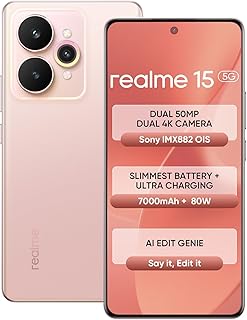 realme 15 5G Smartphone 8+128GB Pink,144Hz HyperGlow 4D Curve Display,7000mAh Battery,80W SuperVOOC,Dual 50MP 4K Cameras,D...