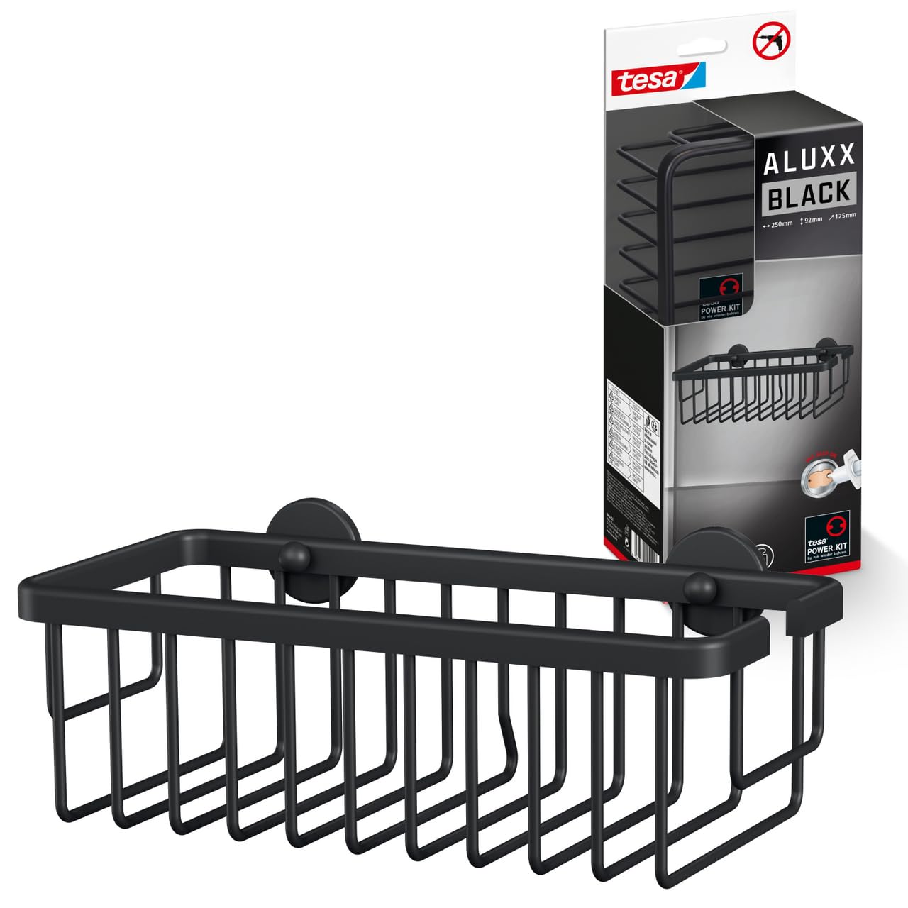 Panier de douche haut de gamme Tesa ALUXX BLACK en aluminium anodisé antirouille pour salle de bain