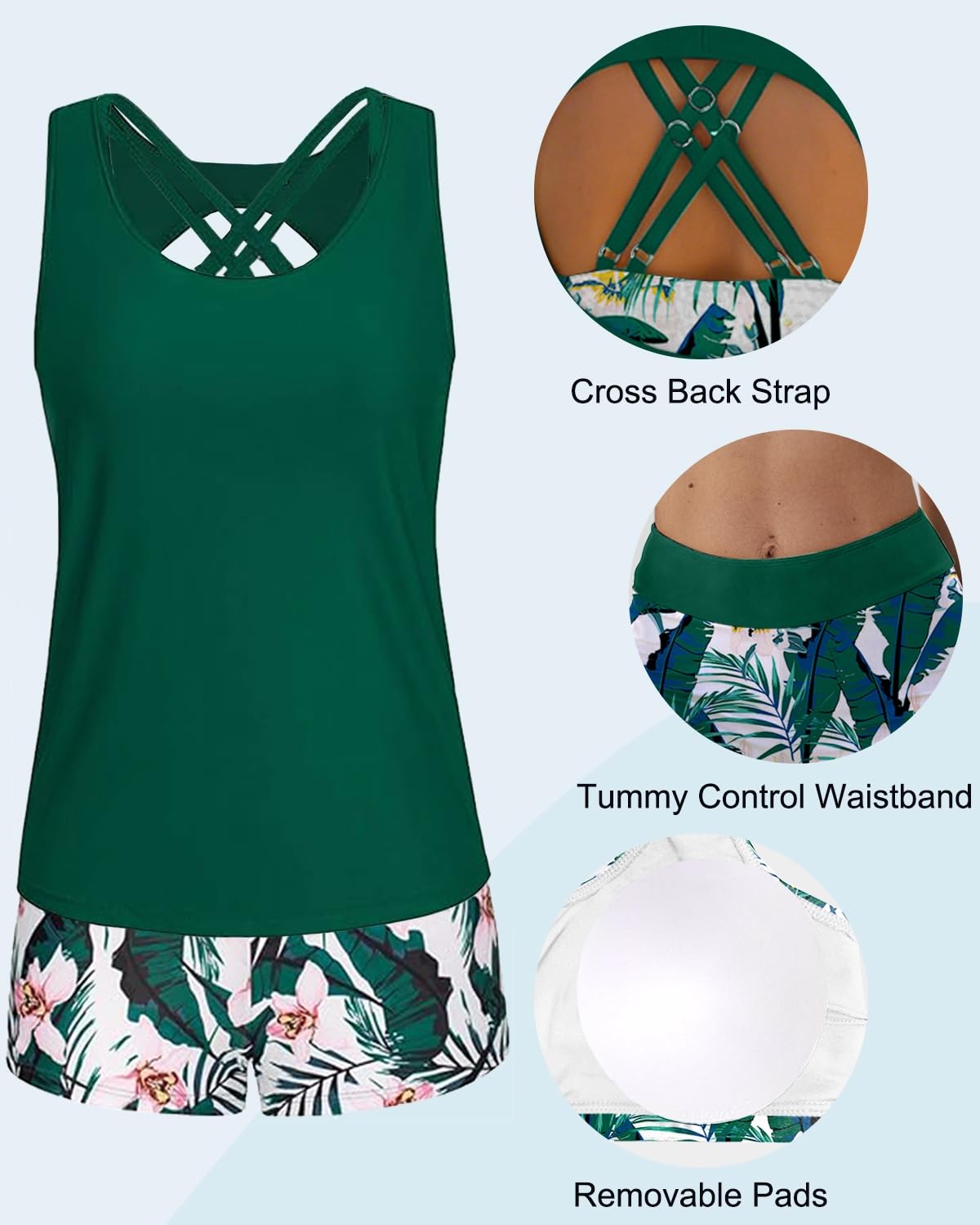 Yutdeng Traje de Baño Mujer 3 Piezas Tankini Push Up Cruzado Shorts Cintura Alta Camiseta sin Mangas Bañador Vientre Plano Swimwear Estampado