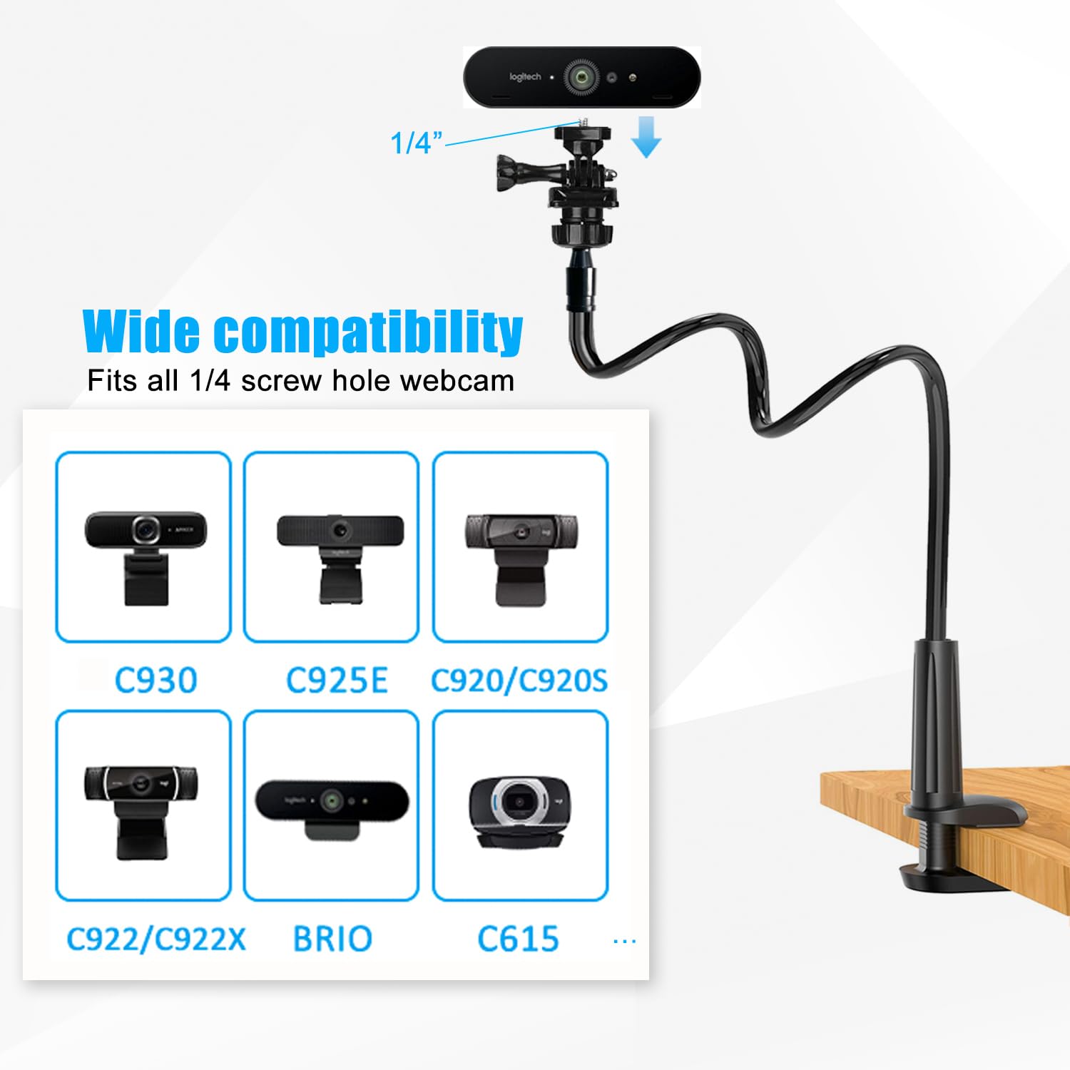 Webcam-Ständer für Schreibtisch, flexibler Schwanenhals, Webcam-Halterung, Arm mit Handyhalterung, Webcam-Ständer, Computerkamera-Schreibtischhalterung für Logitech C922 C930e C920S C920 C615 C960
