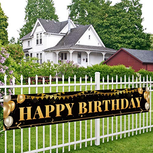 image for TZSS Large Happy Birthday Decoration Banner, Black and Gold Happy Birt