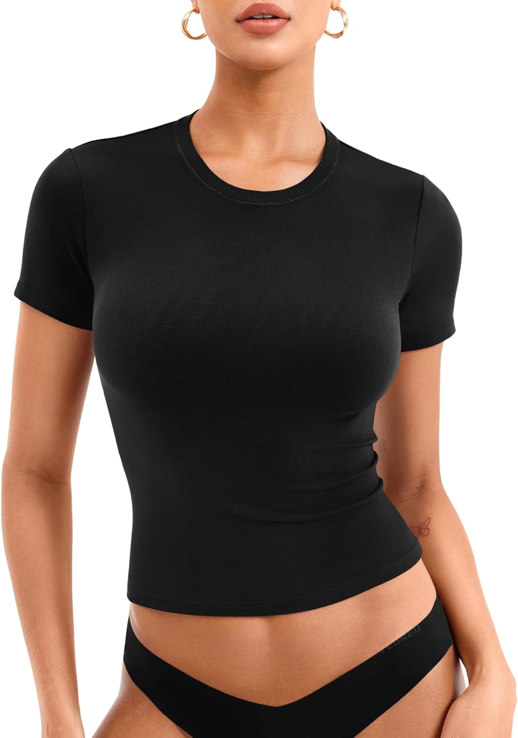 YEOREO Womens Basic T Shirts Casual Going Out Short Sleeve Crop Tops Eriney Slim Fit Crew Neck Y2K Tee