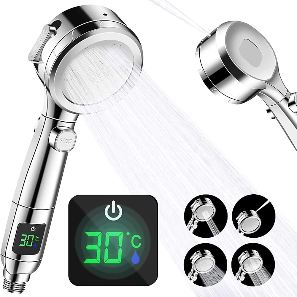 Umweltfreundlicher Wassersparender R-Duschkopf – 4 Sprühstöße M & digitale Temperaturanzeige – SK-Silber-Design für moderne Badezimmer