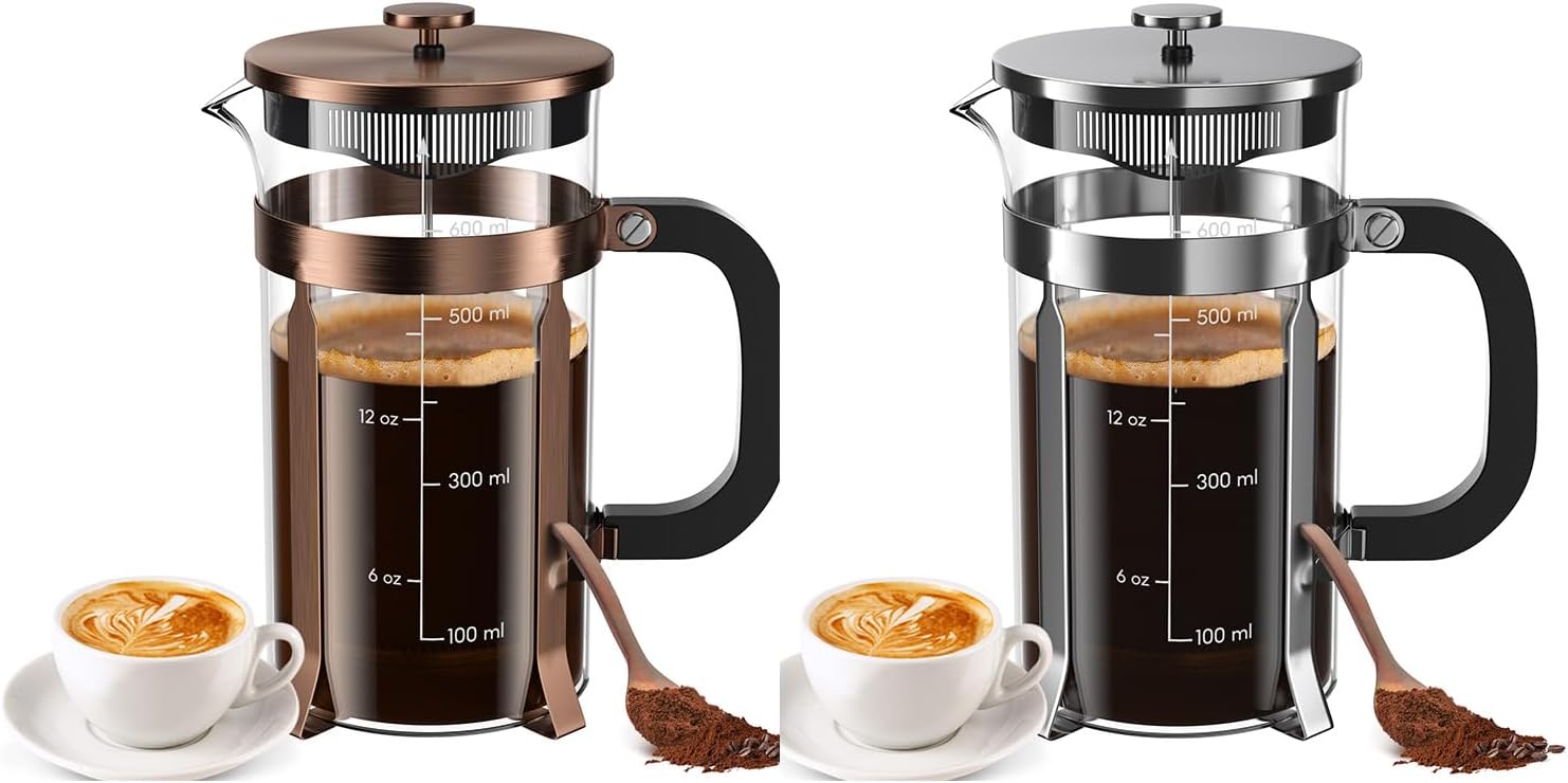 French Press Coffee Maker, 2 * 21 Ounce, Stainless Steel, Cold Brew Heat Resistant Borosilicate Glass Espresso Coffee & Tea Maker with 4 Filter