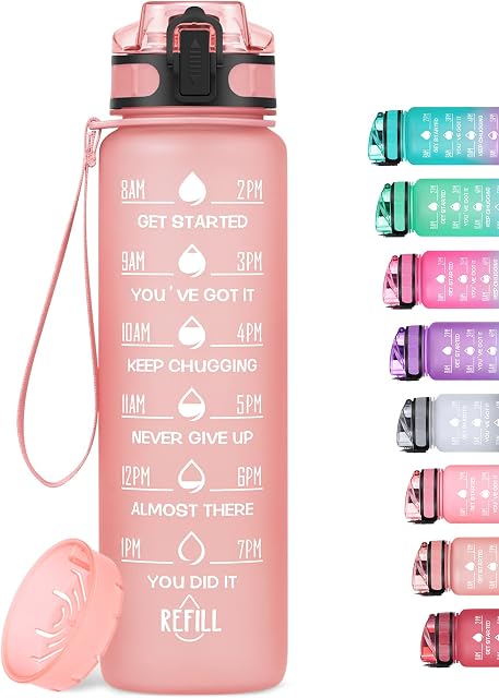 MEITAGIE 1L Motivational Water Bottle with Time Marker, Leak-proof Drink Bottle with Fruit Strainer or straw, Perfect for Fitness, Gym and Outdoor Sports