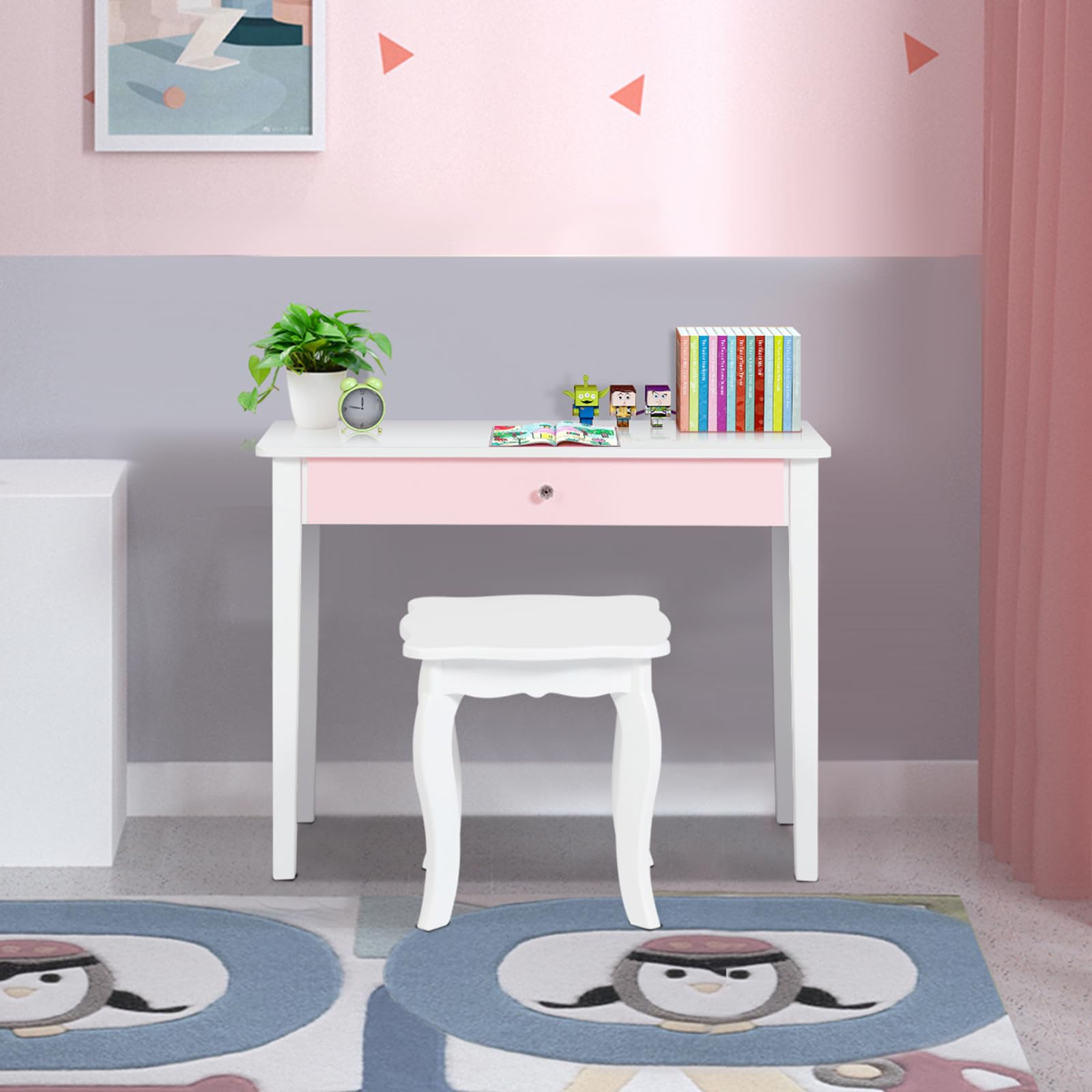 COSTWAY Toeletta Trucco per Bambina, Specchiera Trittica per Ragazza in Legno Robusto con Sgabello e Cassetto, Postazione Trucco 2 in 1 per Cameretta e Cmera da Letto, 95x70x34cm(Bianco)