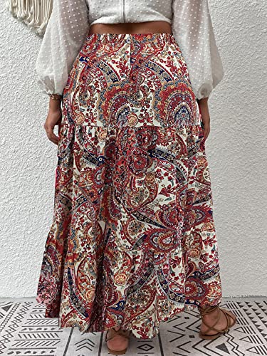 Oyoangle Women's Plus Size Boho Floral Paisley High Waisted Flowy A Line Maxi Long Skirt Red 3Xl #TOP1