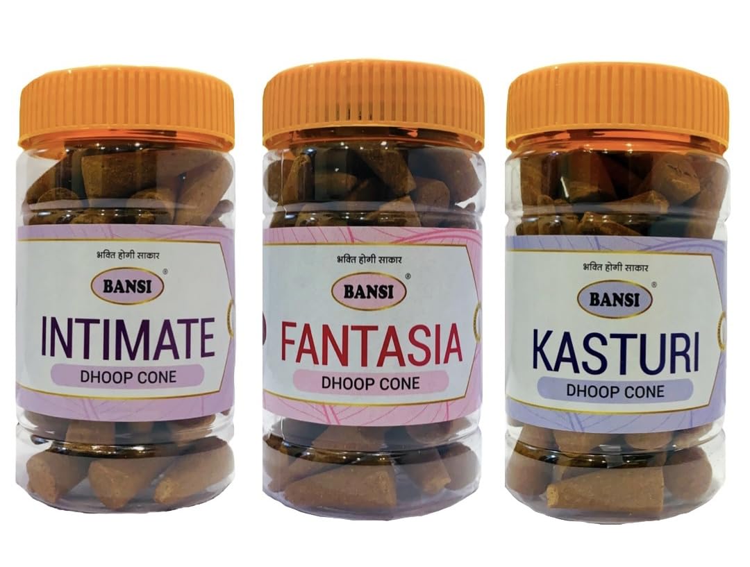 Bansi Dhoop Cones - Intimate, Fantasia & Kasturi Scented Cones | Puja Incense Cones (3 * 125g/Jar) (3X50 Cones/Jar)