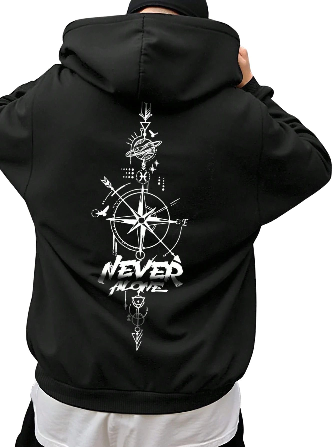 sxv style Never Alone Unisex Hoodie, Black Cotton Blend, Compass Design Graphic Print, Casual Streetwear Style-picture-15