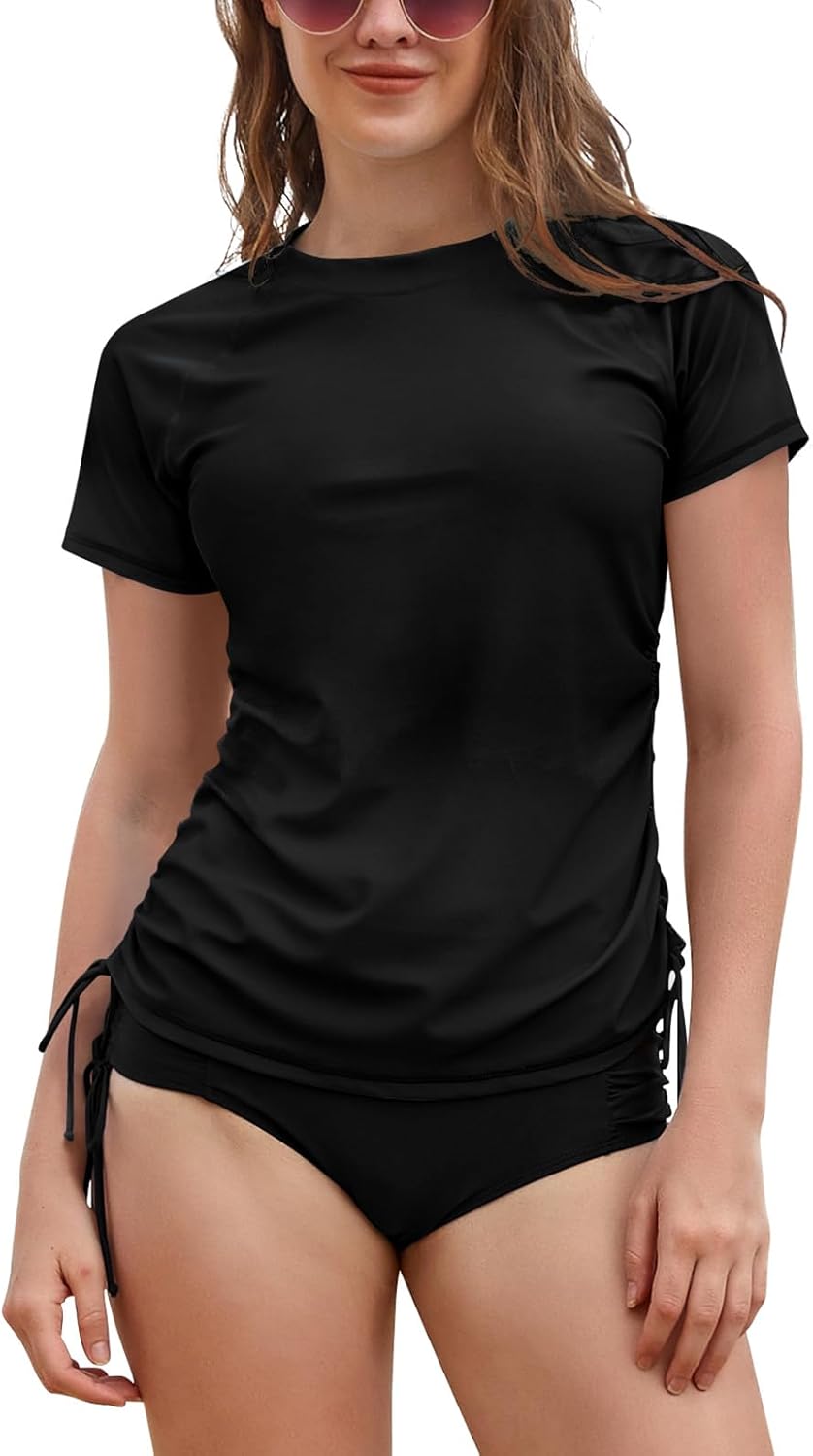 SHEKINI Women's Swim Shirt UPF 50+ Short Sleeve Rash Guard Shirts UV Sun Protection Bathing Suit Top Adjustable Tie