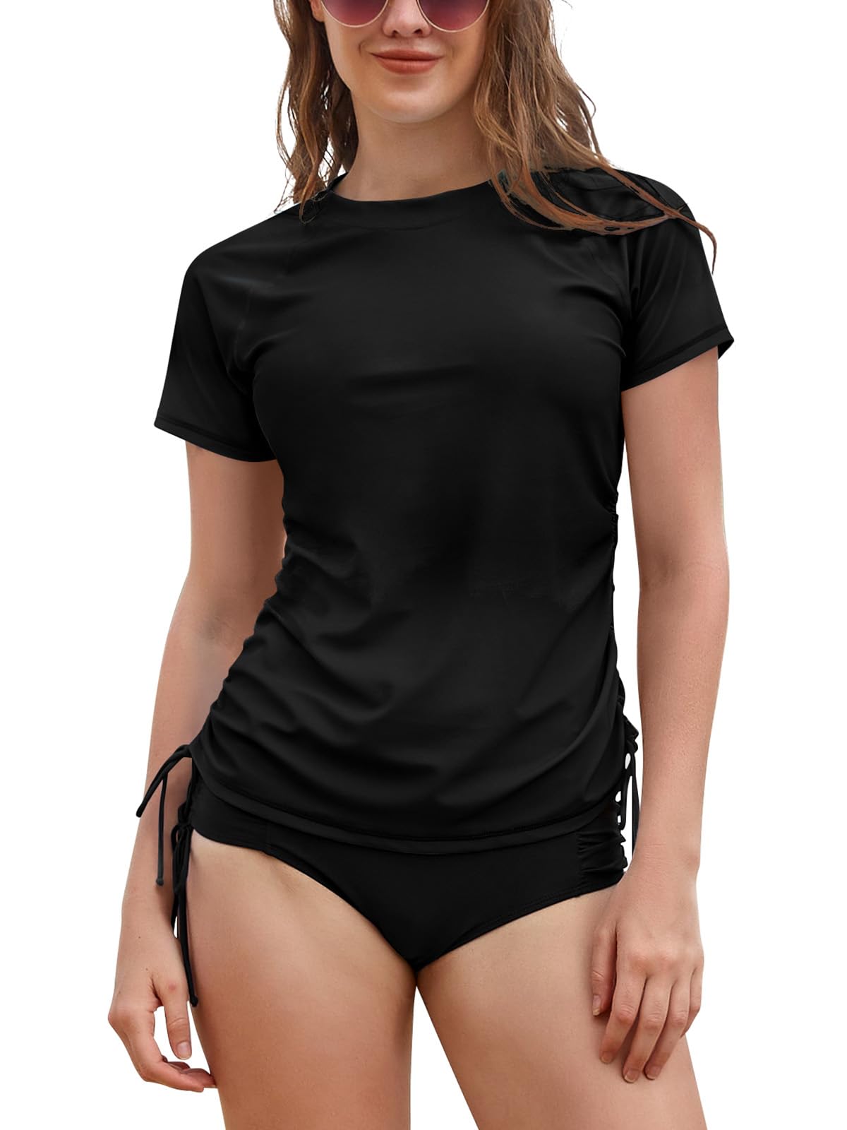 SHEKINI Haut de Maillot de Bain Femme à Manches Courtes Rashguard T-Shirt de Protection Solaire Tee Shirt Séchage Rapide Natation Surfing Shirts