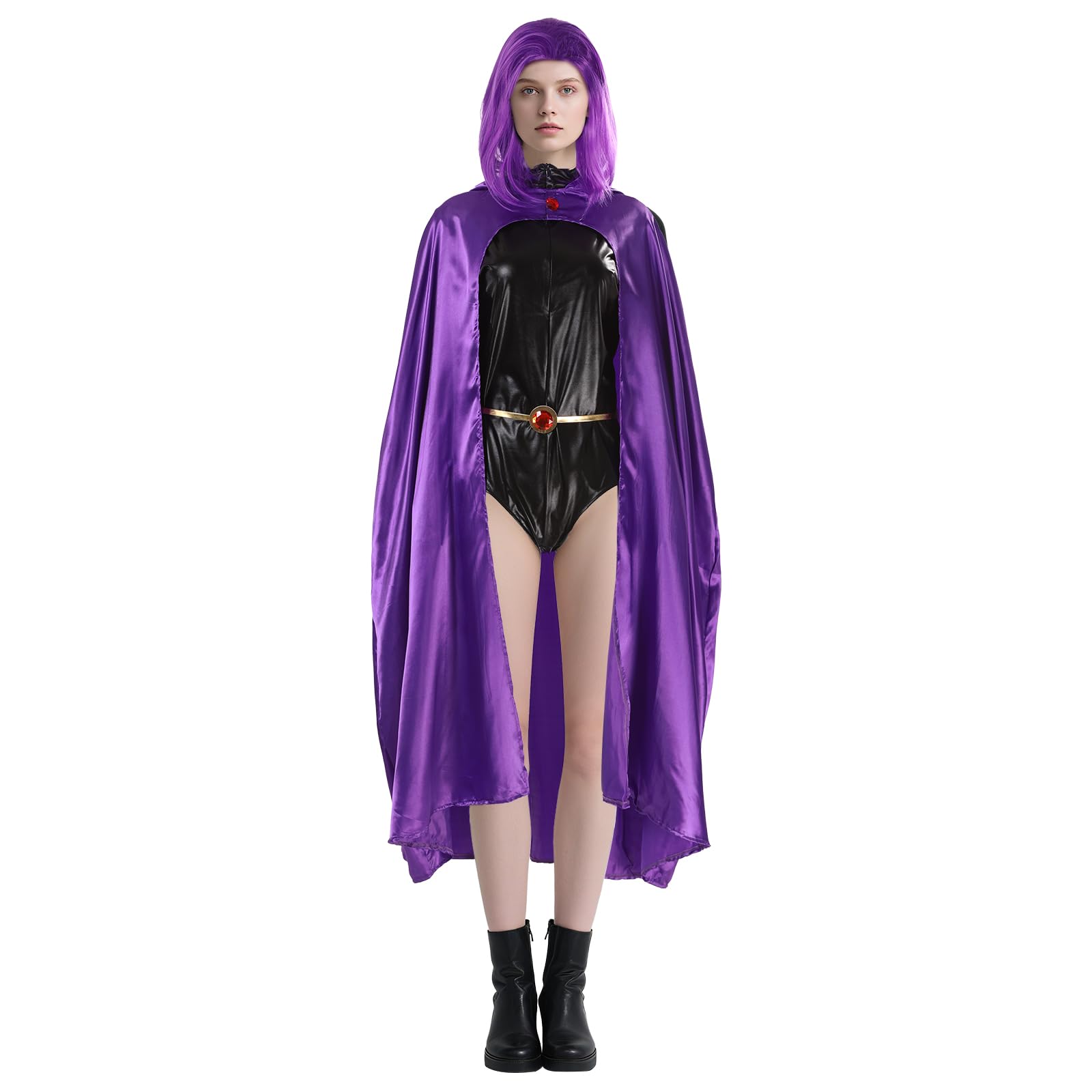 Batbblxn Purple Superhero Raven Costume Women Set Hooded Cape Cloak Bodysuit Gem Belt & Wig Gothic Halloween Fancy Dress for Women Cosplay Party (Medium) - Image 3