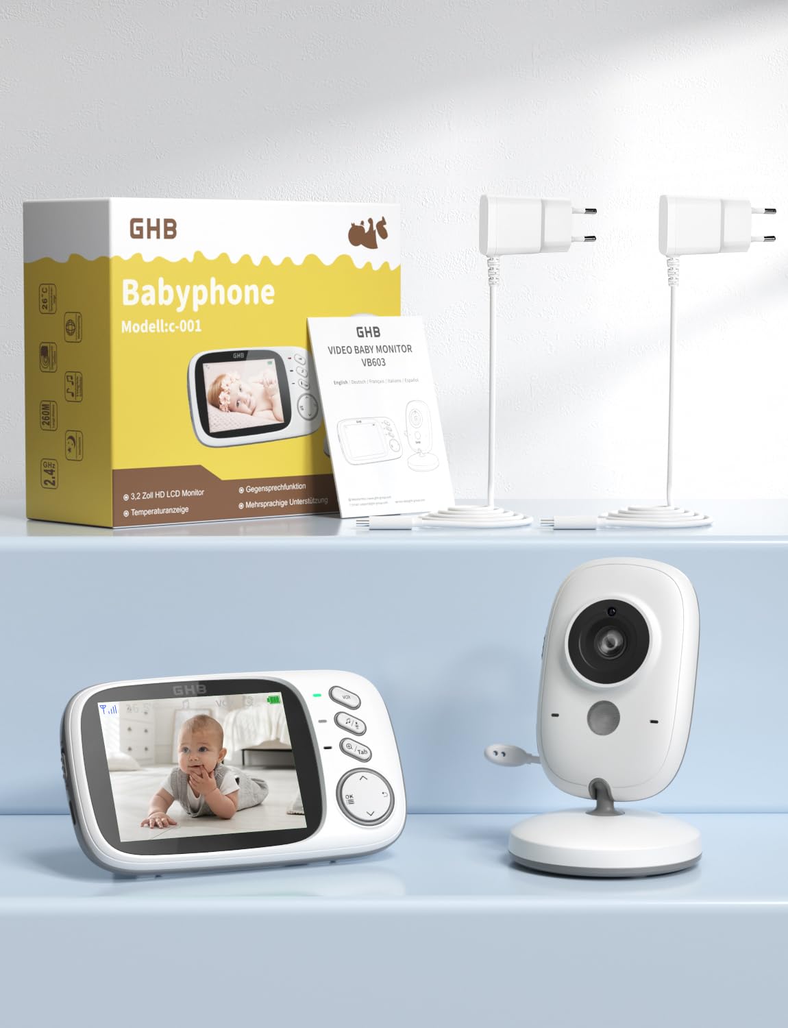 GHB Babyphone mit Kamera Baby Monitor 3.2" LCD Nachtsicht VOX Modus Gegensprechfunktion und Schlaflieder drinnen