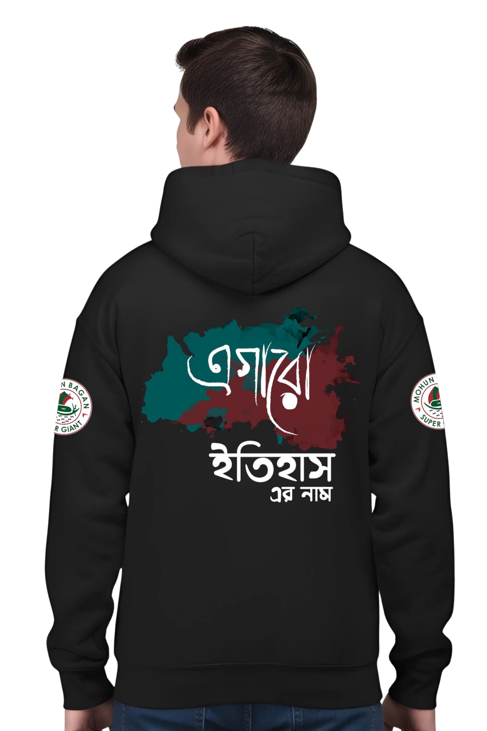 Classic Cotton Blend Hooded Sweatshirt, Black Mohun Bagan Graphic Print, Unisex Adult-image-40