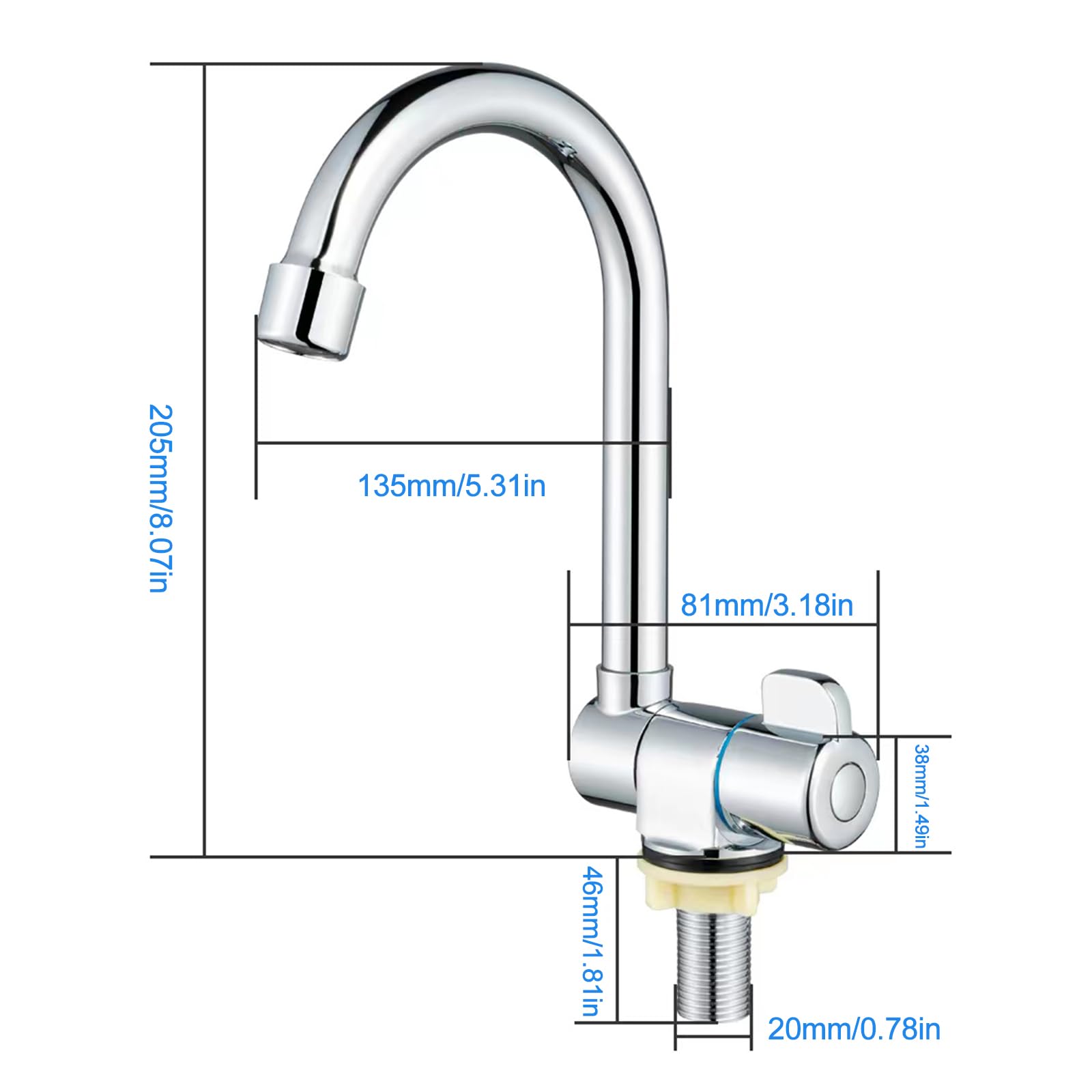 Grifo giratorio de 360° de latón cromado para fregadero de cocina, grifo monomando de agua fría con rosca G1/2 para autocaravanas/yates/lavabos, duradero y elegante