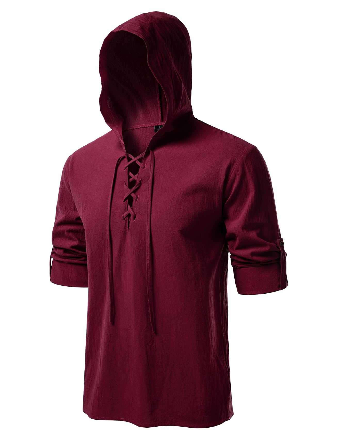 JEMITOP Men's Pure Cotton Retro Style Lace Up Hooded Shirts for Renaissance Pirate Viking Medieval Costume, Burgundy, M โ image 1