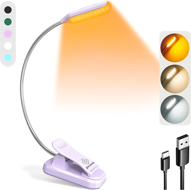Glocusent 10 LED Reading Light Clip on Book, Eye Caring Book Light, 3 Colours & 3 Brightness, USB-C Rechargeable & Long Lasting to 80hrs, Perfect for Book Lovers, Kids & Travellers