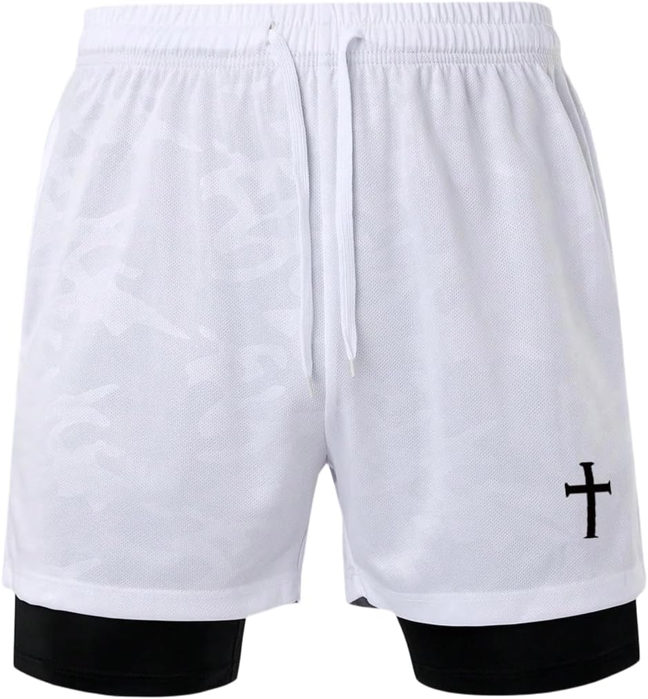 SHENHE Men's 2 in 1 Running Shorts with Liner Cross Shorts Jesus Graphic Gym Workout Bottoms