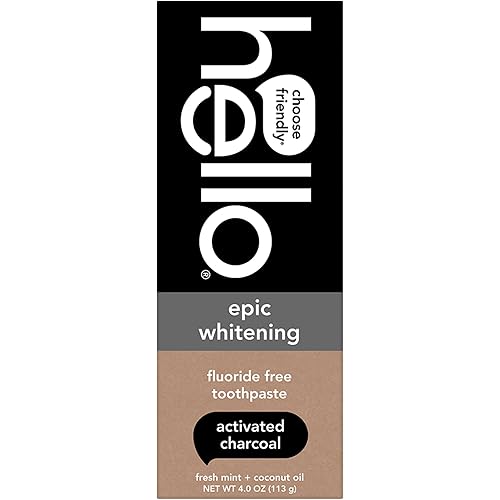 hello Epic Whitening Charcoal Fluoride Free Toothpaste, Activated Charcoal Toothpaste with Coconut Oil, Whitens Teeth Naturally, SLS Free, Fresh Mint, 4.0 Oz Tube