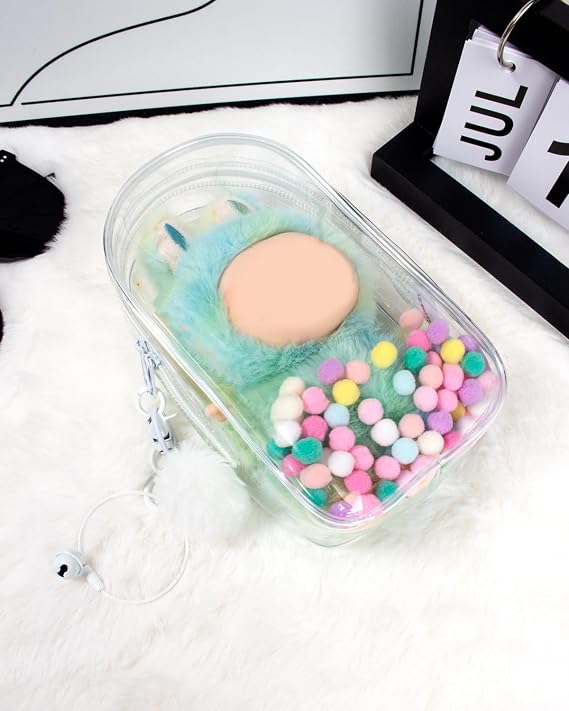 Clear Figure Display Bag with Keychain for Doll, Portable Protective Case for Dolls Storage Bag,Detachable Keychain for Collectibles Pompoms Dustproof Pouch Display Storage Box for Doll (Clear)