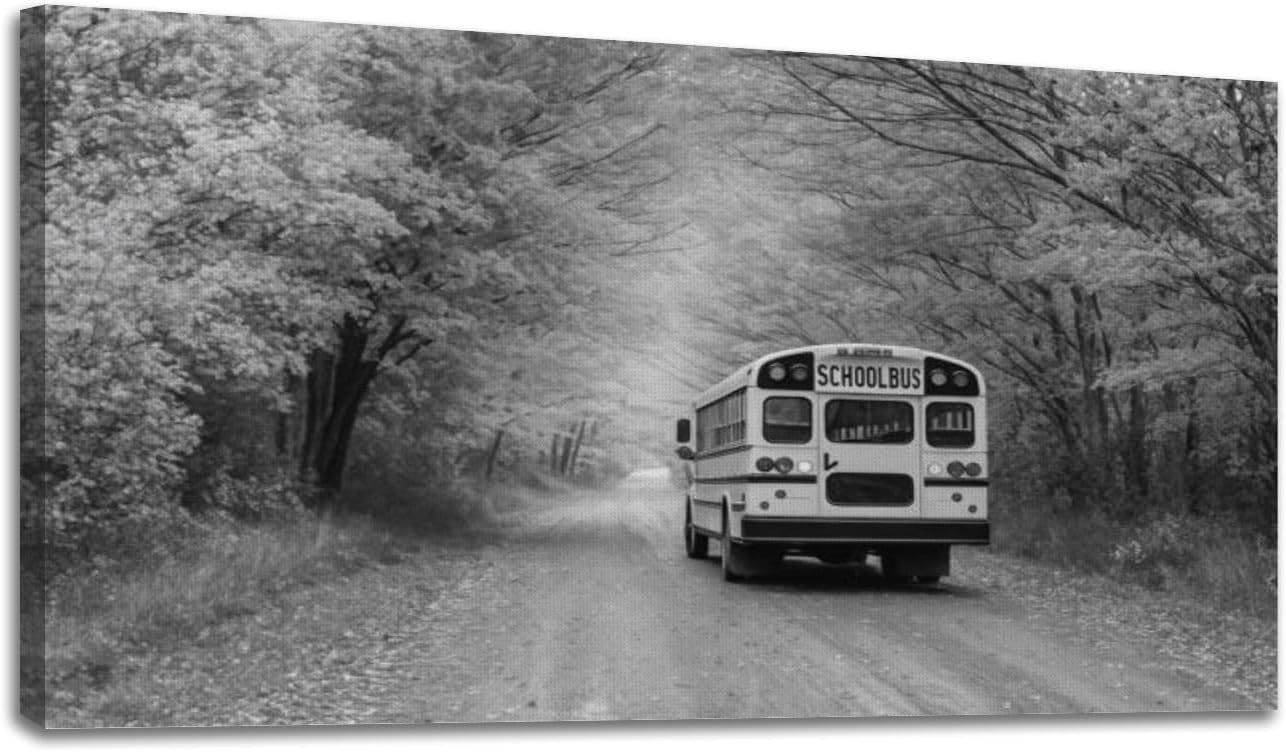 24"x 48" Canvas Wall Art School Bus Framed Pictures Painting Prints Large Black and White Wall Art for Living Room Bedroom Abstract Home Wall Decor Artwork